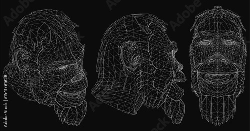 Neanderthal men depicted in a detailed wireframe style, arranged in a triangular formation on a black background. The central figure is tallest, flanked by two smaller faces, all with realistic.