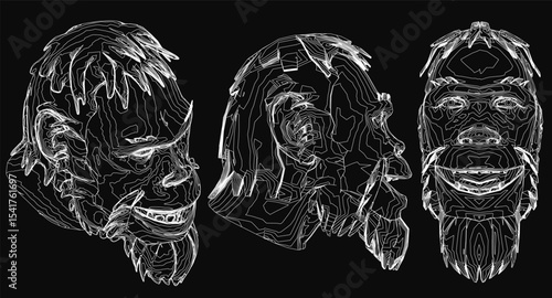 Three Neanderthal men with distinct facial expressions stand out against a black background. The central figure is tallest, flanked by two smaller faces, each displaying unique emotions from a wide.