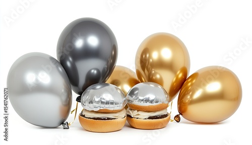 Metallic balloons surrounding miniature hamburgers on a white background