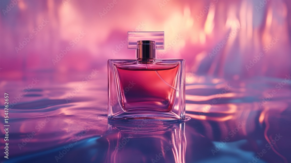 Perfume bottle on a reflective surface with vibrant lighting Perfume bottle on a reflective surface with vibrant lighting