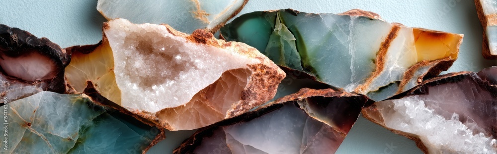 Obraz premium Semiprecious stones with crystalline centers and colorful jagged edges on blue background