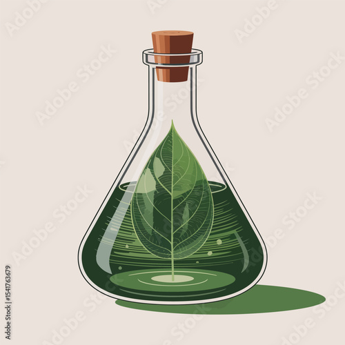 Glass Flask Green Liquid Single Leaf Botanical erlenmeyer flask