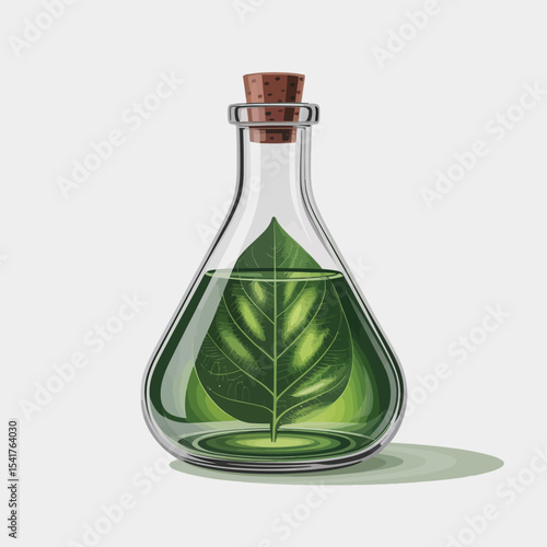 Glass Flask Green Liquid Single Leaf Cork Top erlenmeyer flask