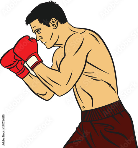 Vector illustration of a male boxer in fighting stance wearing red gloves and dark shorts. Perfect for sports, fitness, and martial arts designs or promotional materials. 