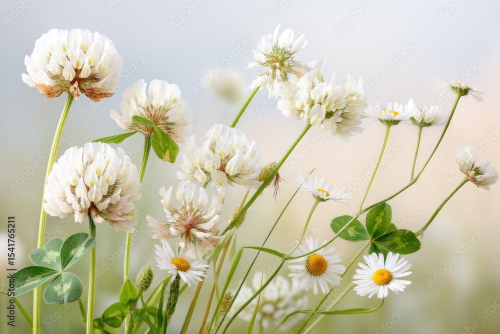 Obraz premium Meadow Blooms at Midday During the Summer Solstice With White Flowers Blooming Under the Bright Sun