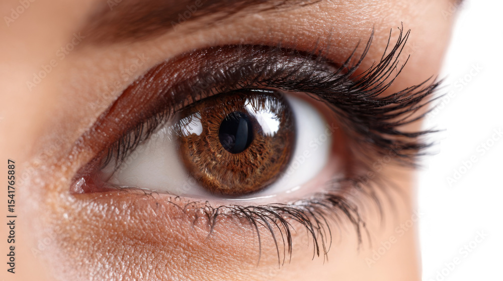 Obraz premium Close up of a brown female eye with long eyelashes and makeup, experiencing a twitching eyelid, isolated on a transparent background, perfect for health and beauty projects