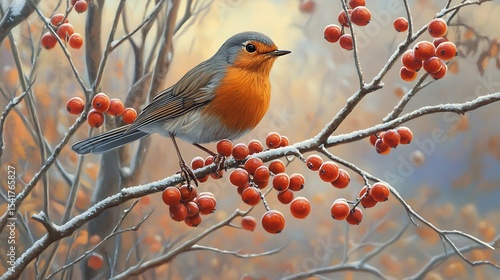 Robin eating berries on a tree in the winter