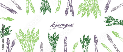 Round frame with asparagus bundles and stalk in green brush stroke texture isolated on white. Hand drawn vector sketch illustration in vintage charcoal ink. Package design, print