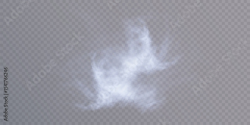 Realistic swirling white smoke or mist element on transparent background. Perfect for steam, fog, fantasy effects or weather overlays.

