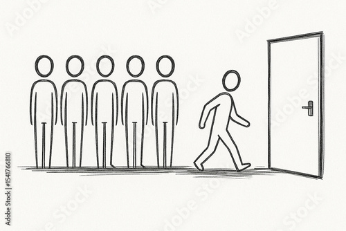 Sketch of a person breaking away from a group and walking toward an open door, symbolizing new opportunities