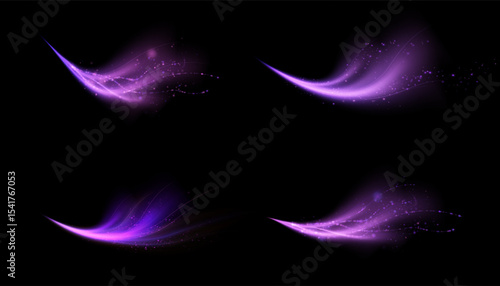 Soft glowing streams of purple light with wave shapes and shining particles. Suitable for fairy tale illustrations, glows and magical themes.