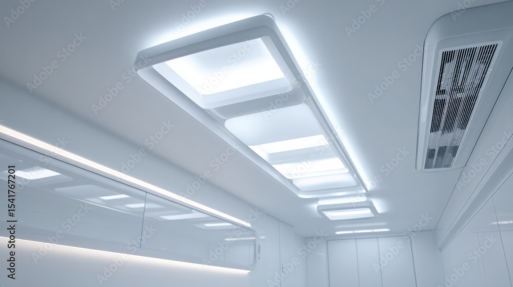 Futuristic ceiling-integrated air conditioning system in a minimal white smart home, clean design, soft ambient lighting, modern tech interior Futuristic ceiling-integrated air conditioning system in a minimal white smart home, clean design, soft ambient lighting, modern tech interior