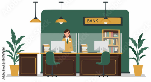 Bank interior with a teller assisting clients, modern design, professional atmosphere, copy space