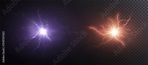 Bright flashes of energy with branched lightning - purple and orange glow. The effect of electrical collision on a dark background. For battle scenes, science fiction and interfaces.