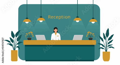 Reception desk with a professional attendant welcoming guests, modern design, hospitality environment, copy space