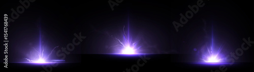 Violet glow of energy explosion with lightning and bright glow on black background. Spectacular bursts of energy with vertical light beams and electrical impulses.