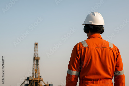 copy space of a oil rig officer from behind