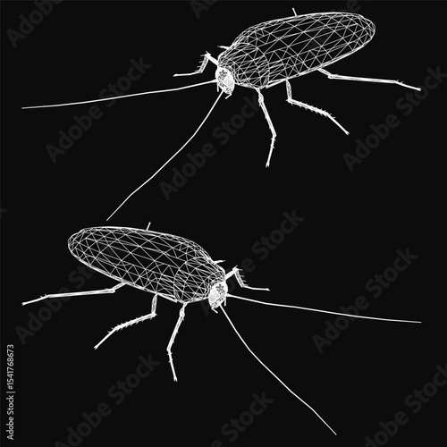 Two cockroaches stand on a black background, their wireframe-like exoskeletons sharply contrasting with the dark surface. The detailed texture of their segmented bodies and long antennae is clearly.