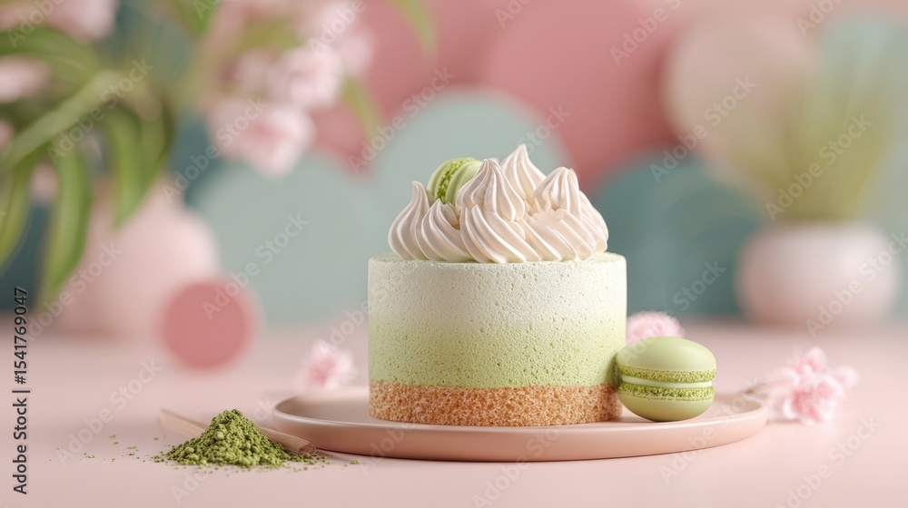 Delicious Matcha Cake with Whipped Cream and Macarons on Pink Background Delicious Matcha Cake with Whipped Cream and Macarons on Pink Background