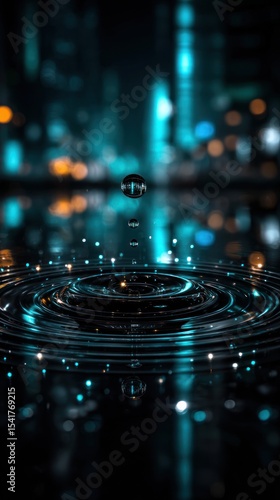Wallpaper Mural A water drop impacts a dark surface, reflecting city lights Torontodigital.ca