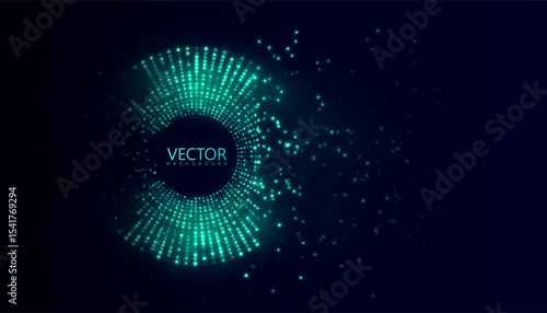 A digital ring of glowing dots with vibrant dynamics and particle scattering on a dark background. Used for high-tech interfaces, music visualization and futuristic design.