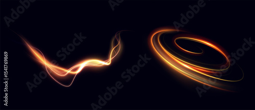 Curved golden light trail with soft glow. Smooth swirling vortex for energy effects, magic spells, glowing waves or sci-fi interfaces.	

