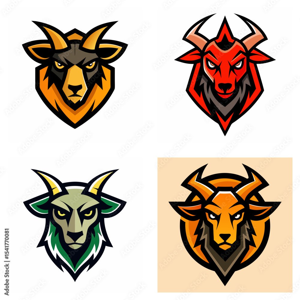 Fototapeta premium Illustration showing four goat head mascots in different colors and design styles on a white background