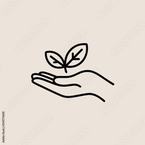 Hand Holding Two Green Leaves Line Art Icon plant sprout