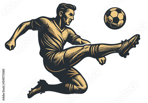 Retro-inspired soccer player silhouette performing a powerful strike