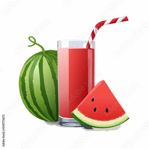 Refreshing Watermelon Juice Glass, Slice, and Whole Watermelon Illustration