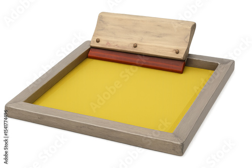 Wooden screen printing frame with yellow ink and squeegee on transparent background