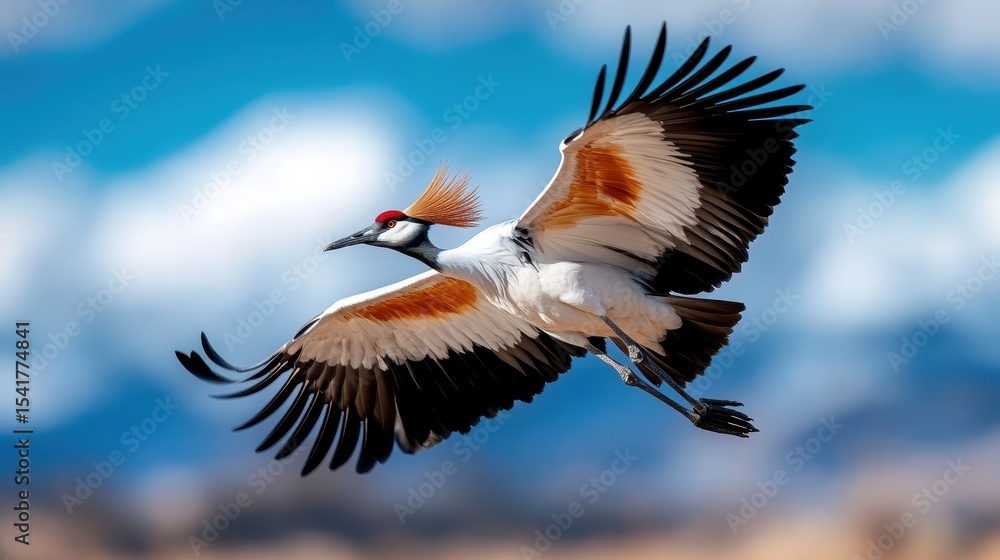 Fototapeta premium A stunning view of a bird featuring a red crest soaring through a clear blue sky, showcasing its intricate wing patterns and vibrant colors against a soft cloud backdrop.