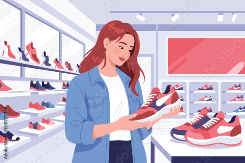 Woman Choosing Sneakers in Shoe Store Flat Vector Illustration