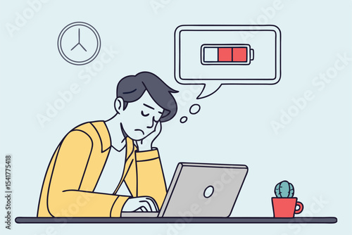 Exhausted Employee Drained of Energy Slumps at Desk with Low Battery Thoughts and Nearby Cactus Pot