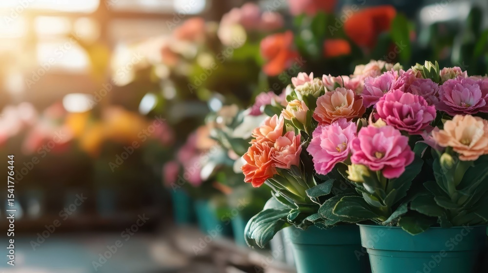 A beautiful array of blooming flowers in pots inside a greenhouse captures the essence of nature's diversity and offers a visual feast of colors and textures to the viewer. A beautiful array of blooming flowers in pots inside a greenhouse captures the essence of nature's diversity and offers a visual feast of colors and textures to the viewer.