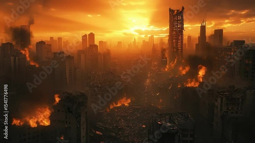 Apocalyptic urban landscape with ruins and fire, concept of natural disaster aftermath