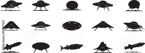 Collection of ufo silhouettes, spaceship vector art, flying saucer illustrations, alien craft designs