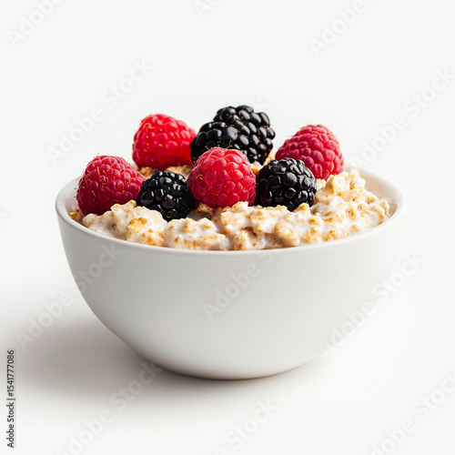 A bowl of oatmeal with fresh raspberries and blackberries against a clean white background