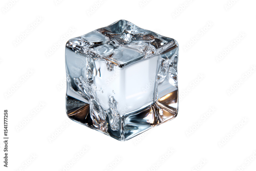 Transparent ice cube resting on a smooth surface with reflections Transparent ice cube resting on a smooth surface with reflections