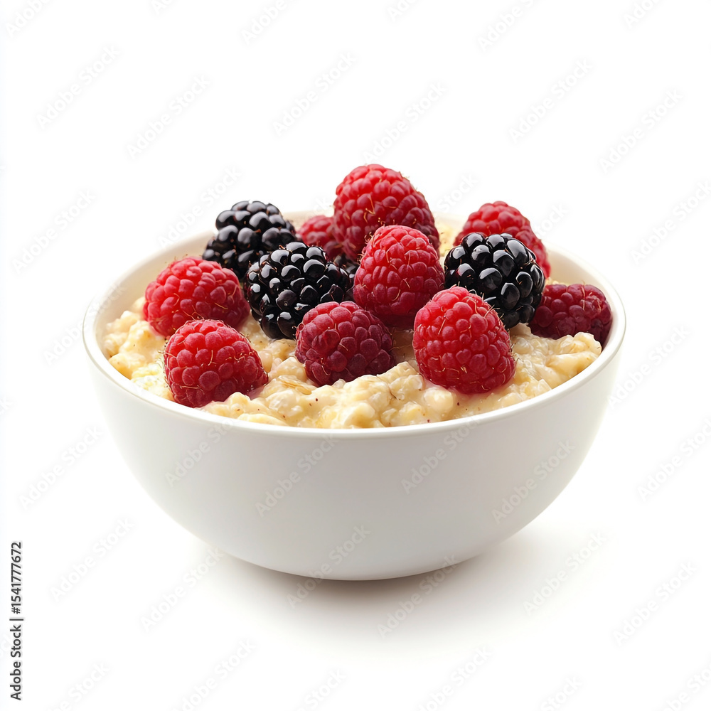 Delicious creamy oatmeal porridge with fresh raspberries and blackberries in a white bowl on a clean white background for a healthy breakfast meal Delicious creamy oatmeal porridge with fresh raspberries and blackberries in a white bowl on a clean white background for a healthy breakfast meal