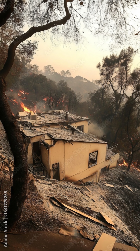 Fototapeta premium Burned house in a forested area, surrounded by charred trees and smoke, illustrating the devastating impact of wildfires on residential properties and natural landscapes