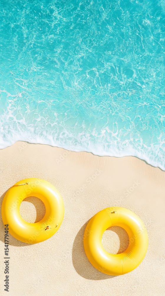 Naklejka premium Two vibrant yellow inflatable rings resting on a sandy beach, with gentle waves lapping at the shore, creating a serene summer atmosphere for relaxation and fun