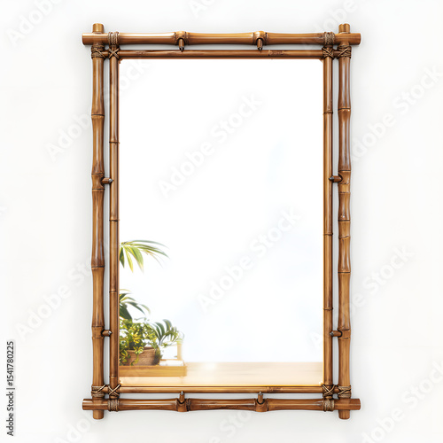 A bamboo framed mirror with a plant in front of it
