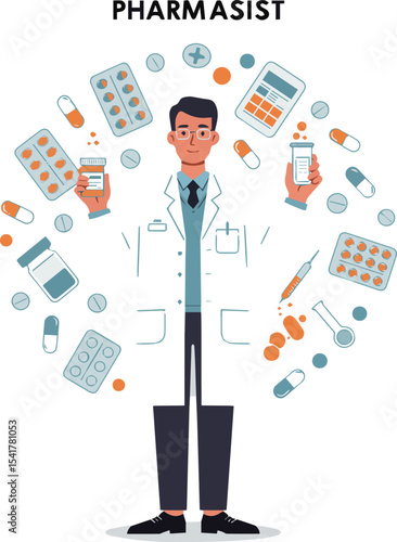 Create a kinds of pharmacy vector art with white background.