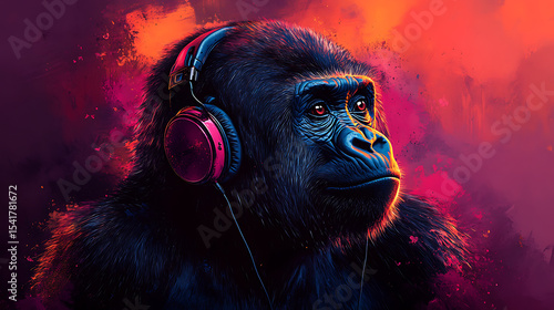 A contemplative gorilla wearing headphones amidst a vibrant, colorful abstract background