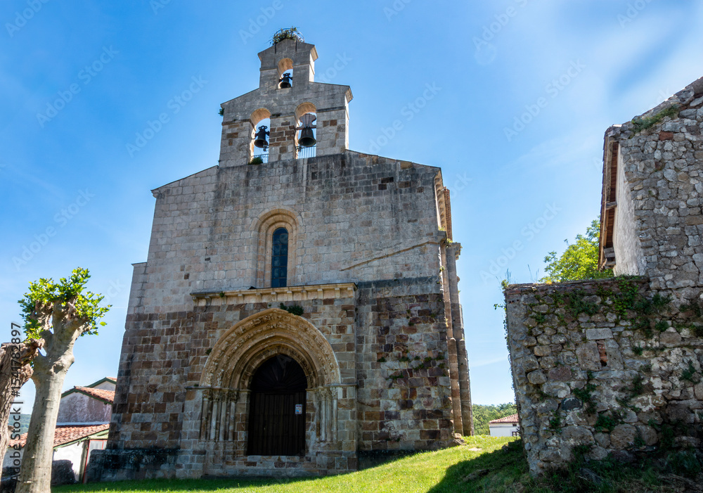 Fototapeta premium Romanesque Portal of San Lorenzo Church in Vallejo de Mena, Burgos, Spain