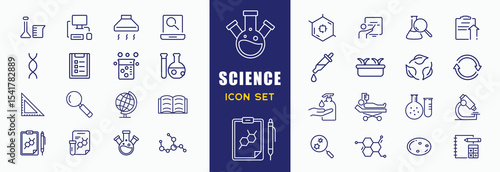 Set of 32 line icons related to science. Outline icons collection. Simple vector illustration. Editable stroke