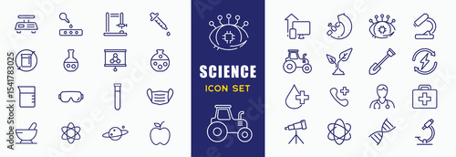 Set of 32 line icons related to science. Outline icons collection. Simple vector illustration. Editable stroke
