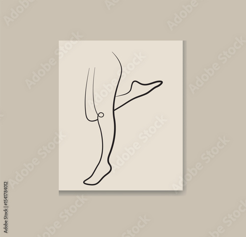  Minimalist vector line art of female legs in graceful pose on beige background, abstract nude sketch style perfect for modern wall art, elegant decor, and contemporary interior design