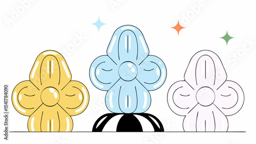 Bright and colorful flower sculptures in yellow, blue, and white, radiating joy and charm